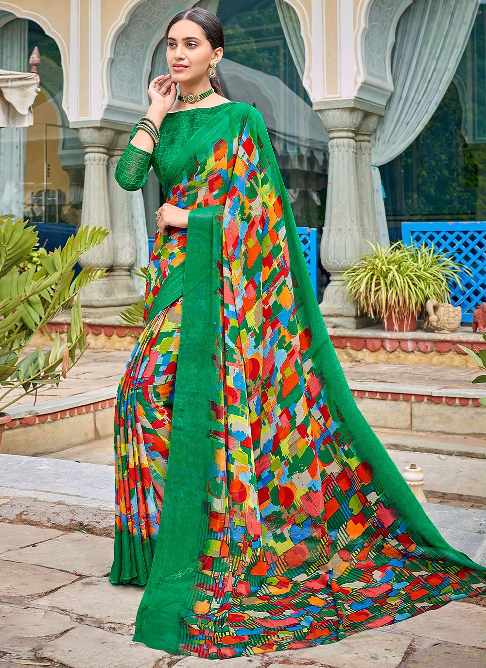 Classic Faux Chiffon Multi Colour Print Saree