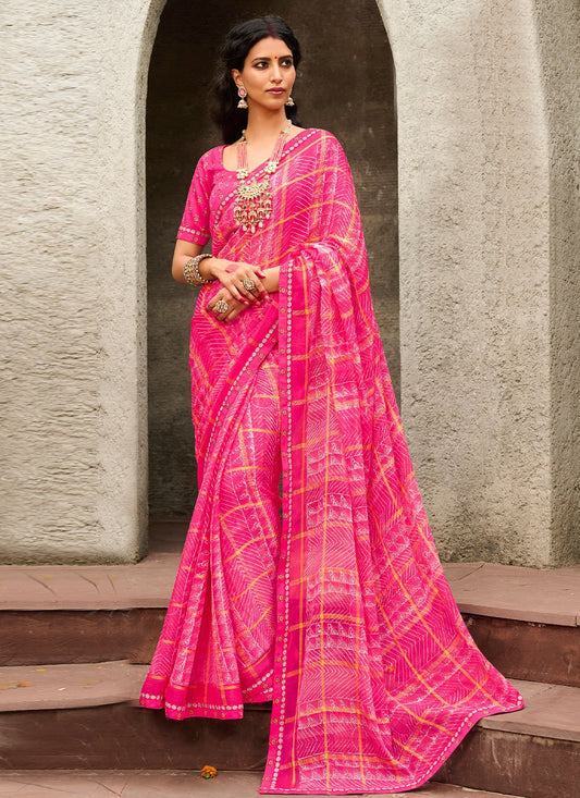 Classic Faux Chiffon Pink Print Saree