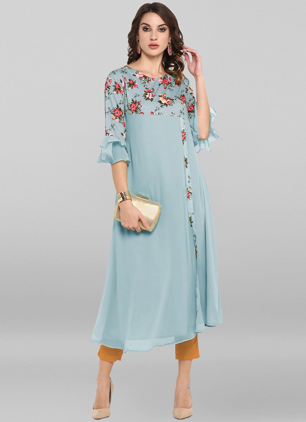 Designer Kurti Faux Crepe Blue Print Kurtis