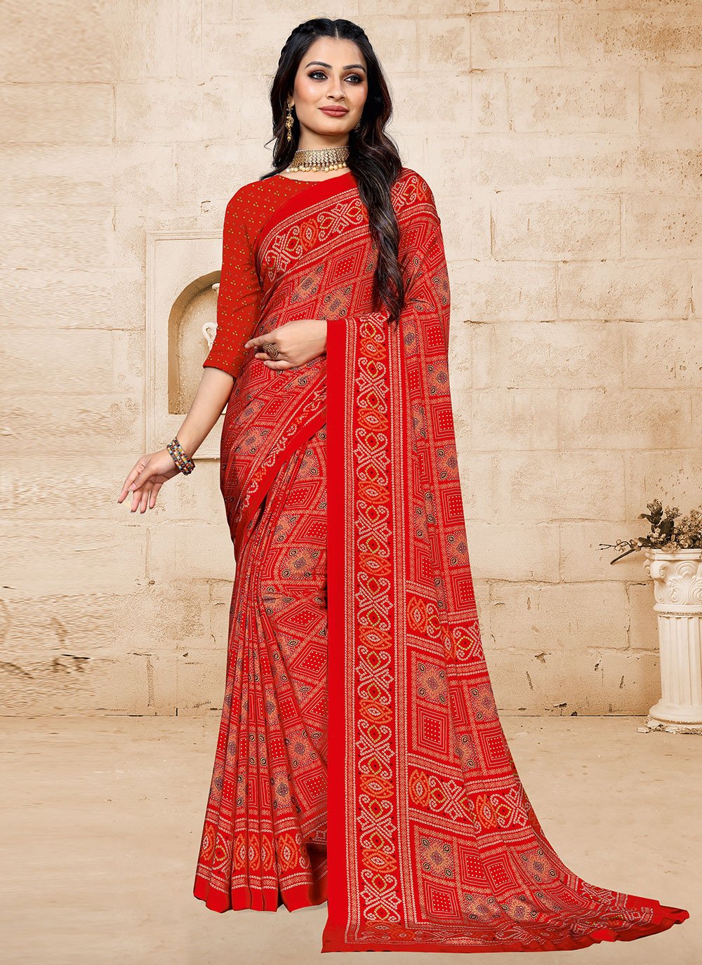 Casual Faux Crepe Red Print Saree