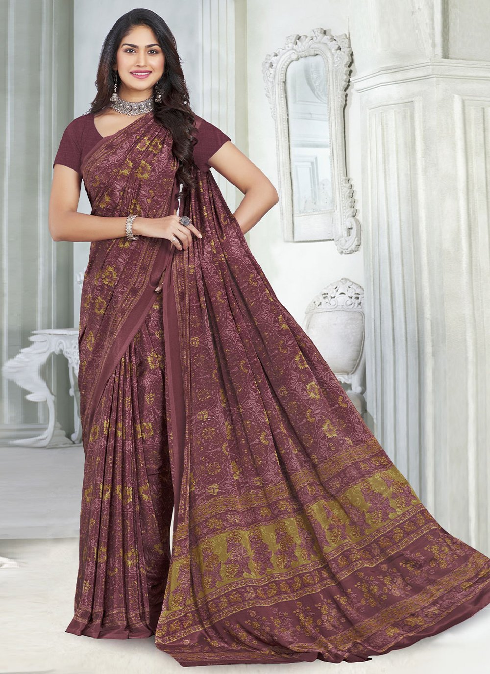 Classic Faux Crepe Mauve Print Saree