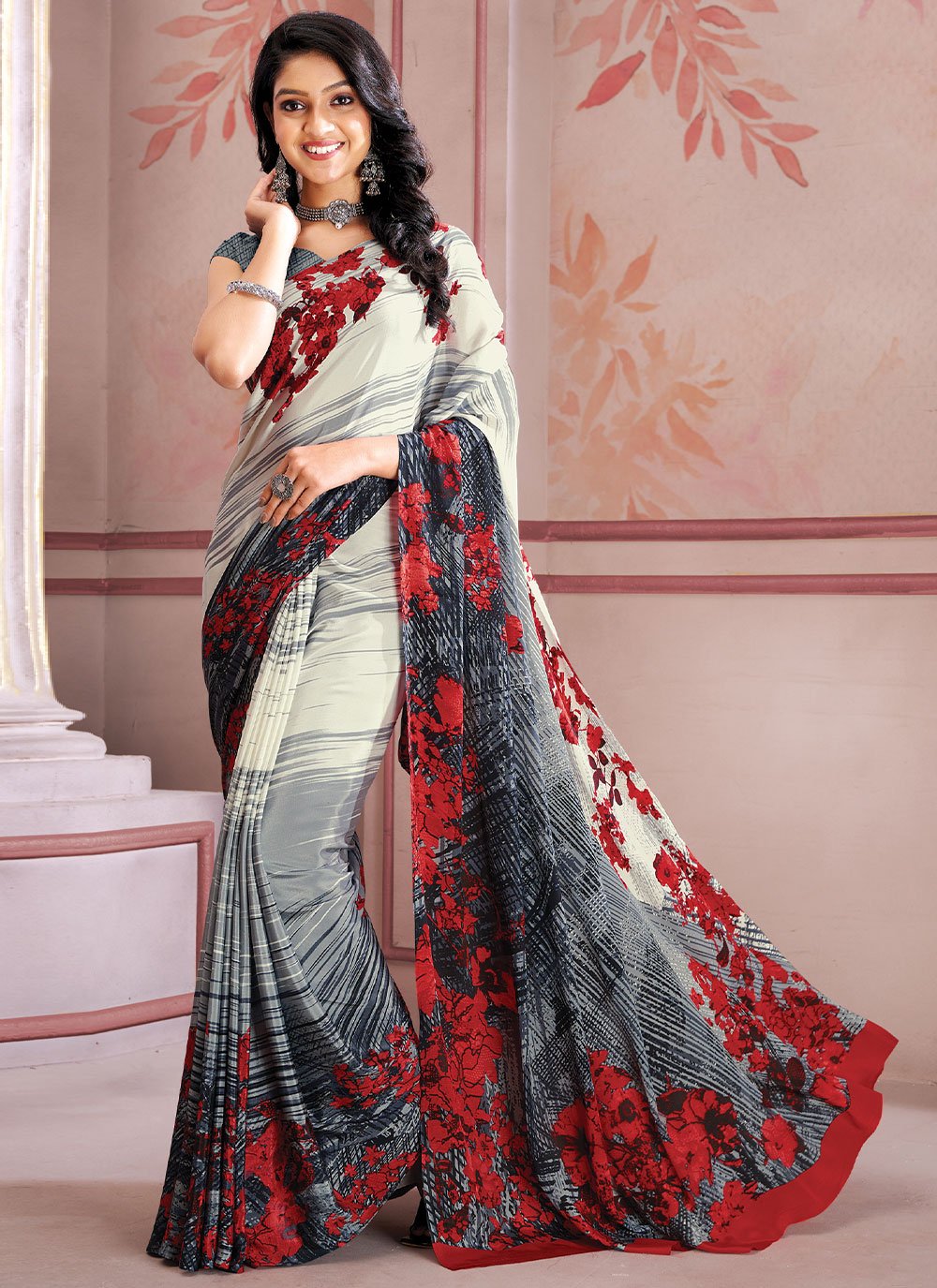 Classic Faux Crepe Multi Colour Print Saree