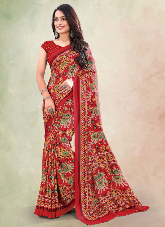 Contemporary Faux Crepe Red Print Saree