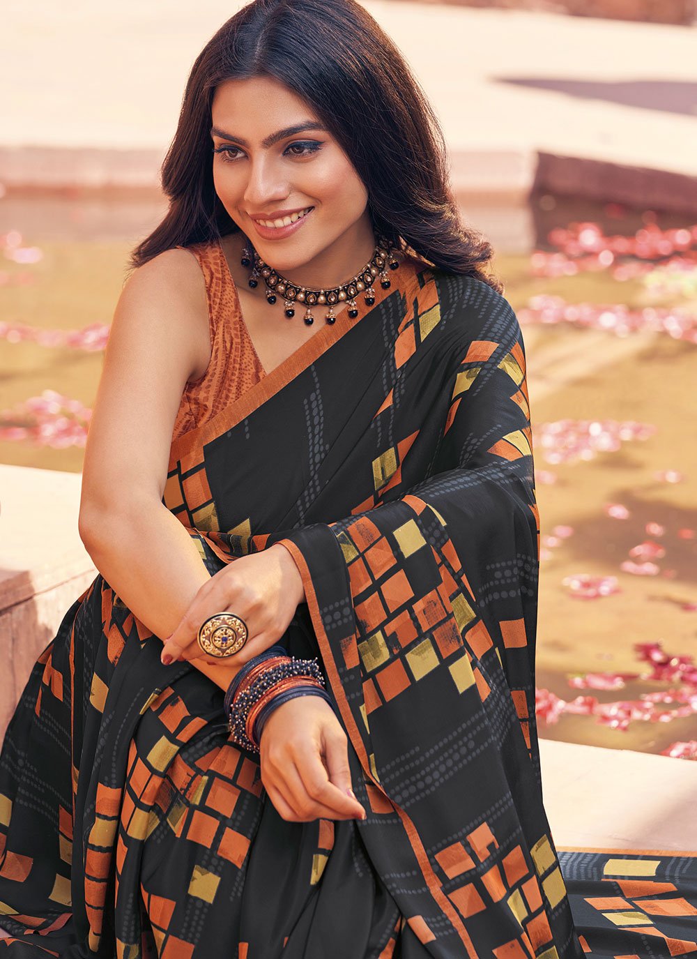 Contemporary Faux Crepe Black Print Saree