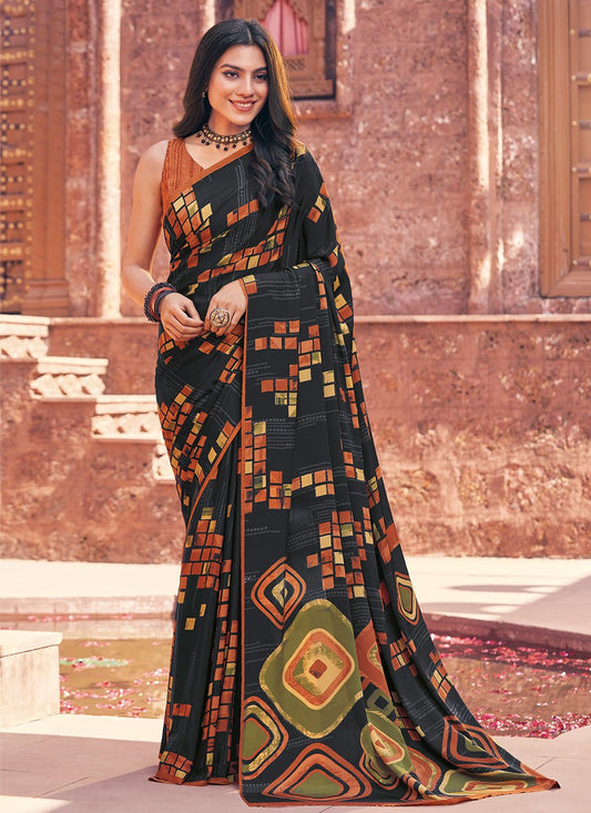 Contemporary Faux Crepe Black Print Saree