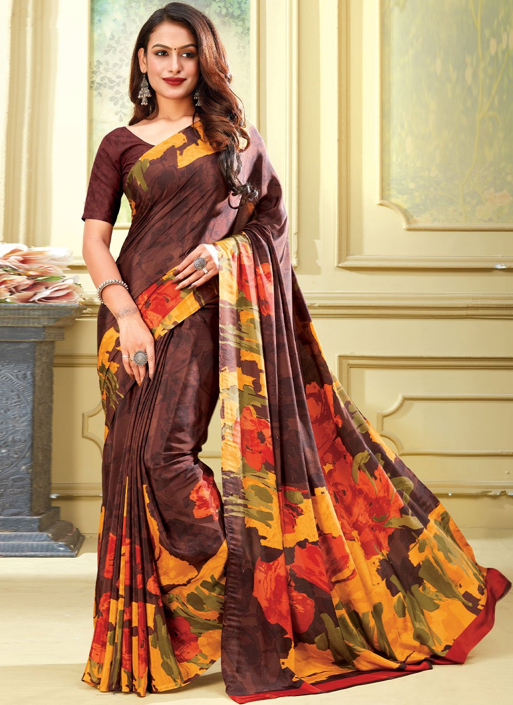 Contemporary Faux Crepe Multi Colour Print Saree