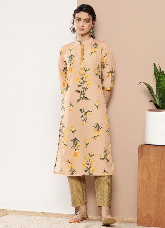 Party Wear Kurti Faux Crepe Peach Print Kurtis