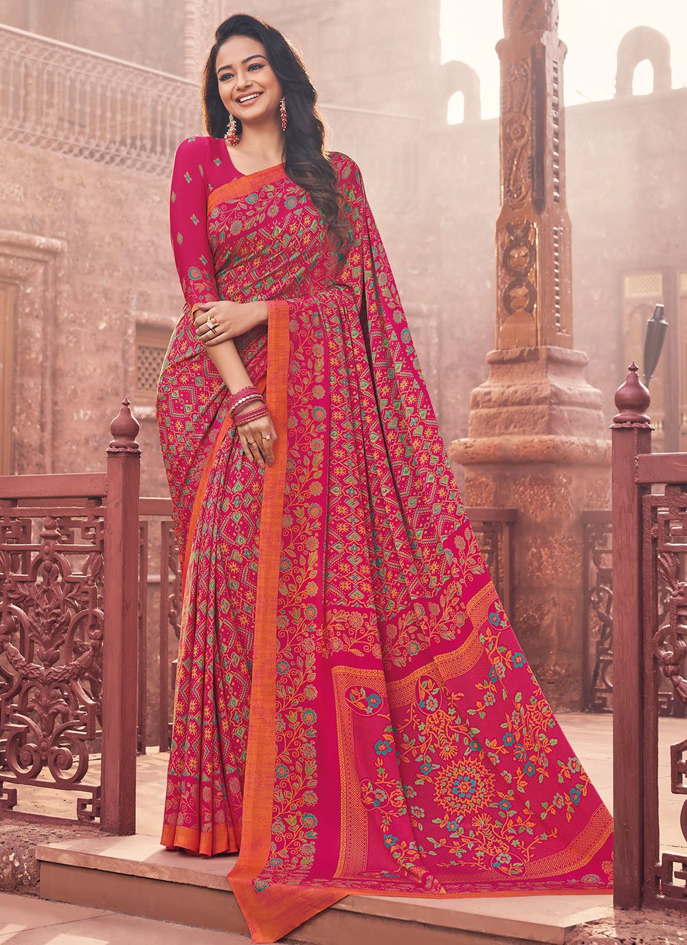 Classic Faux Crepe Rani Print Saree