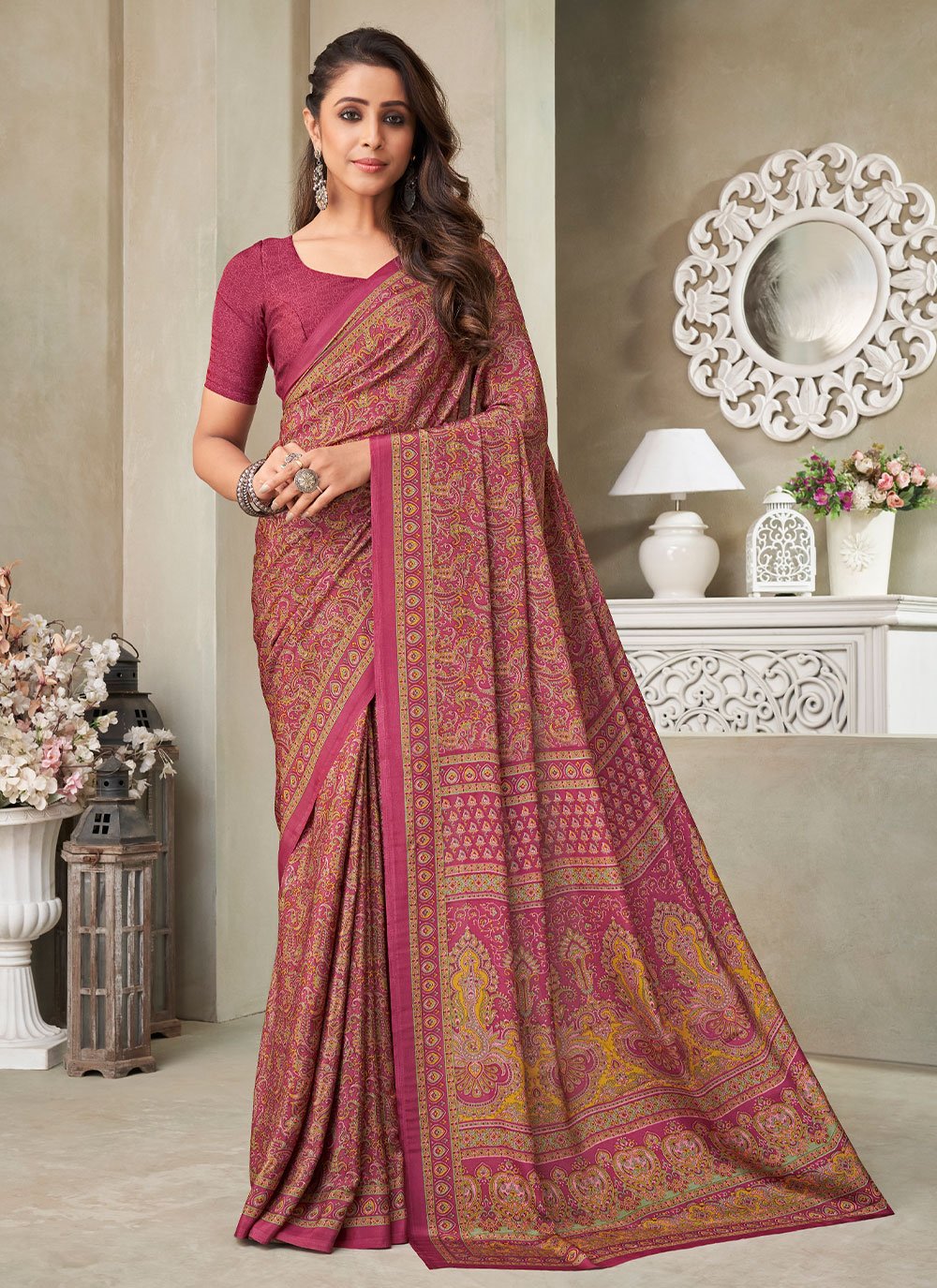 Classic Faux Crepe Silk Magenta Print Saree