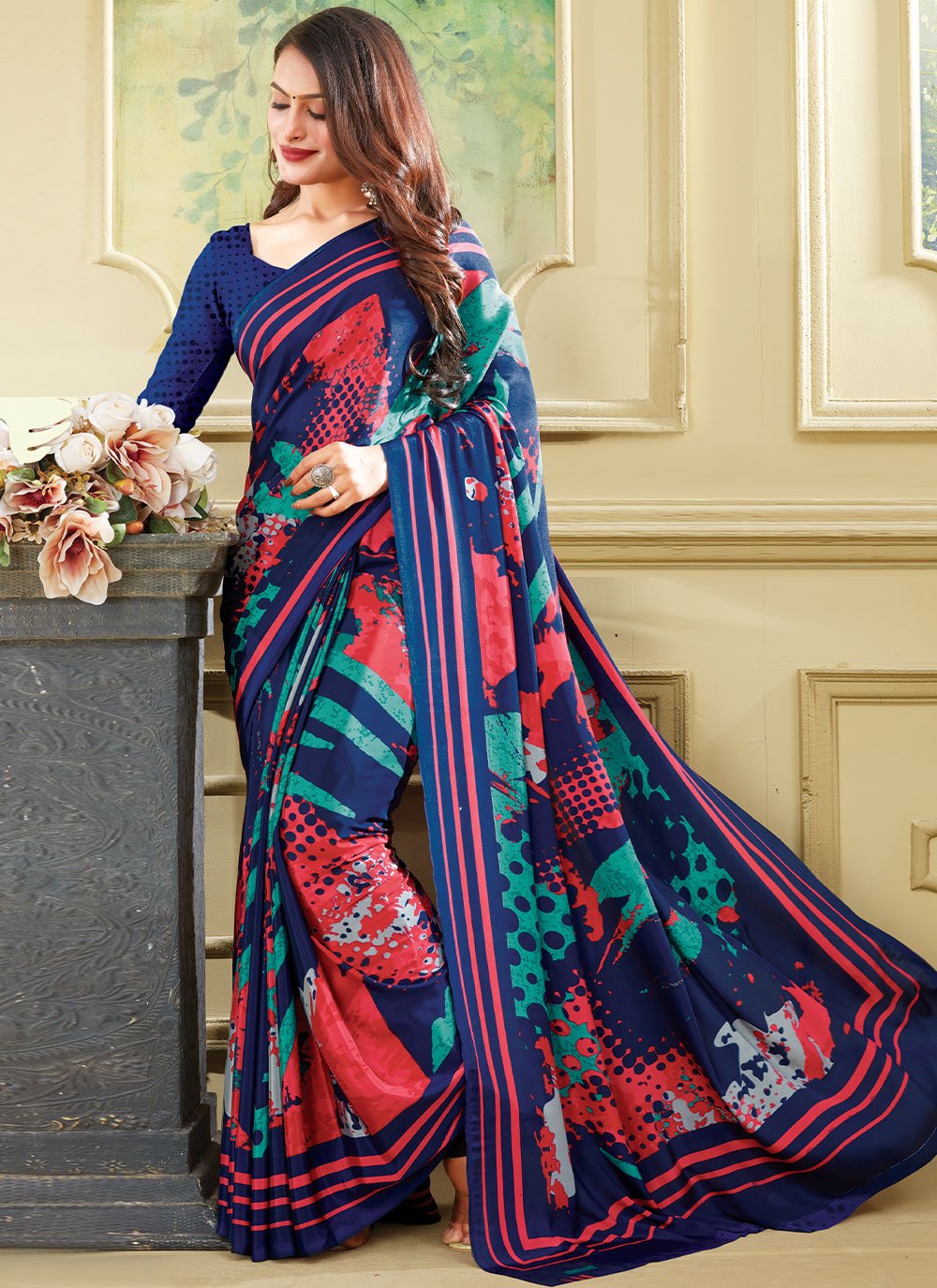 Trendy Saree Faux Crepe Multi Colour Print Saree