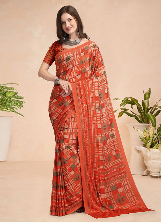 Trendy Saree Faux Crepe Orange Print Saree