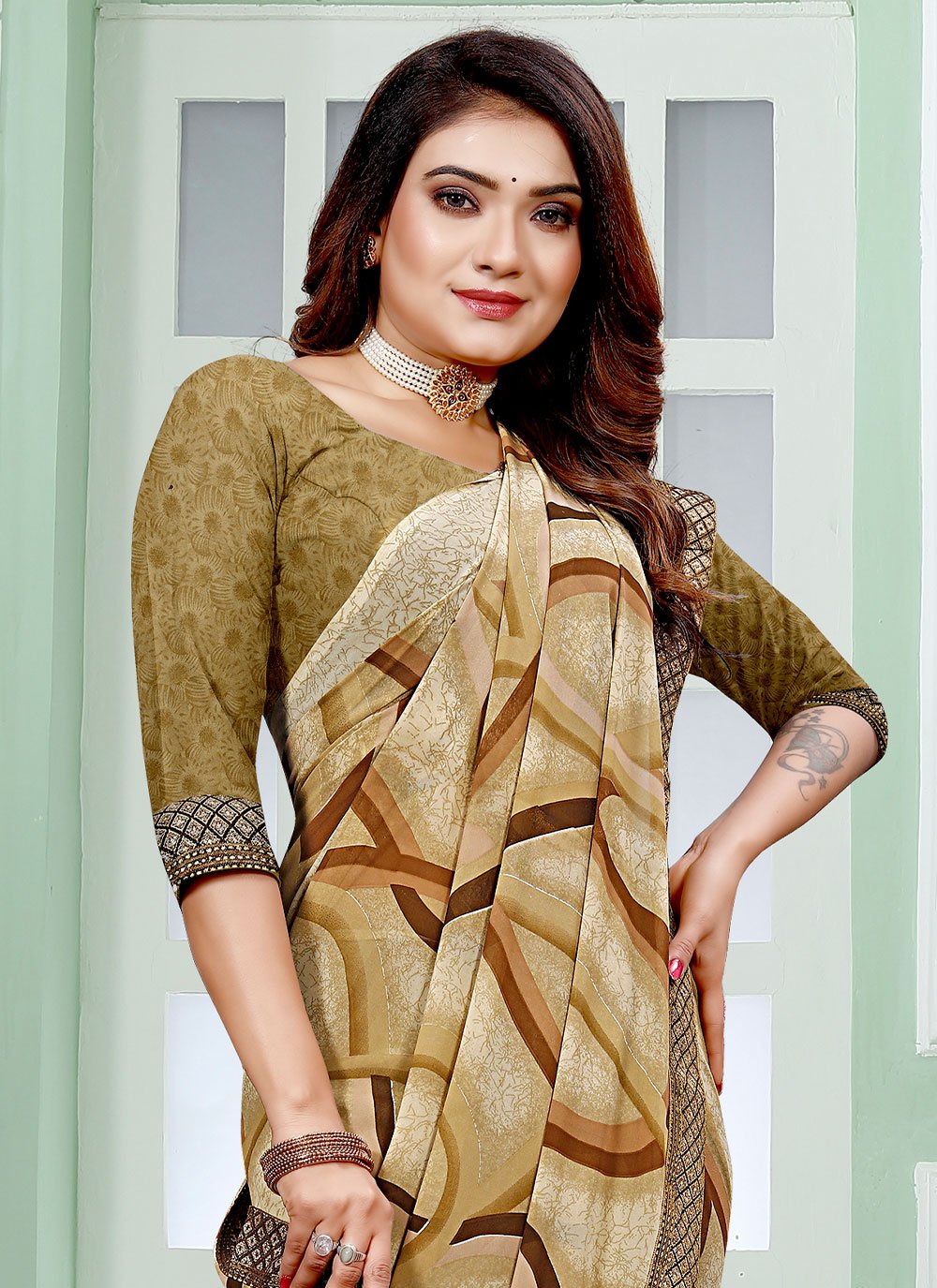 Trendy Saree Faux Georgette Brown Patch Border Saree