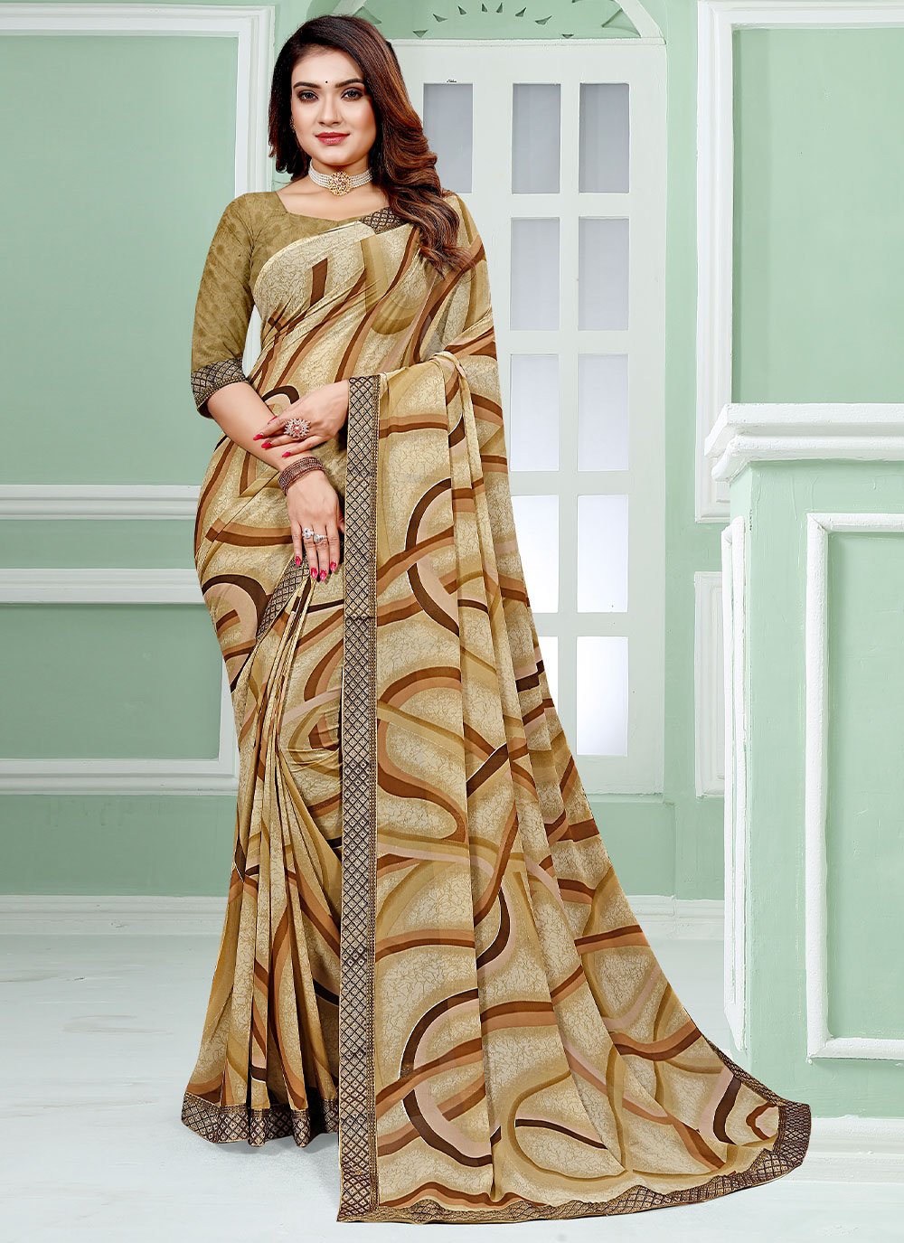 Trendy Saree Faux Georgette Brown Patch Border Saree