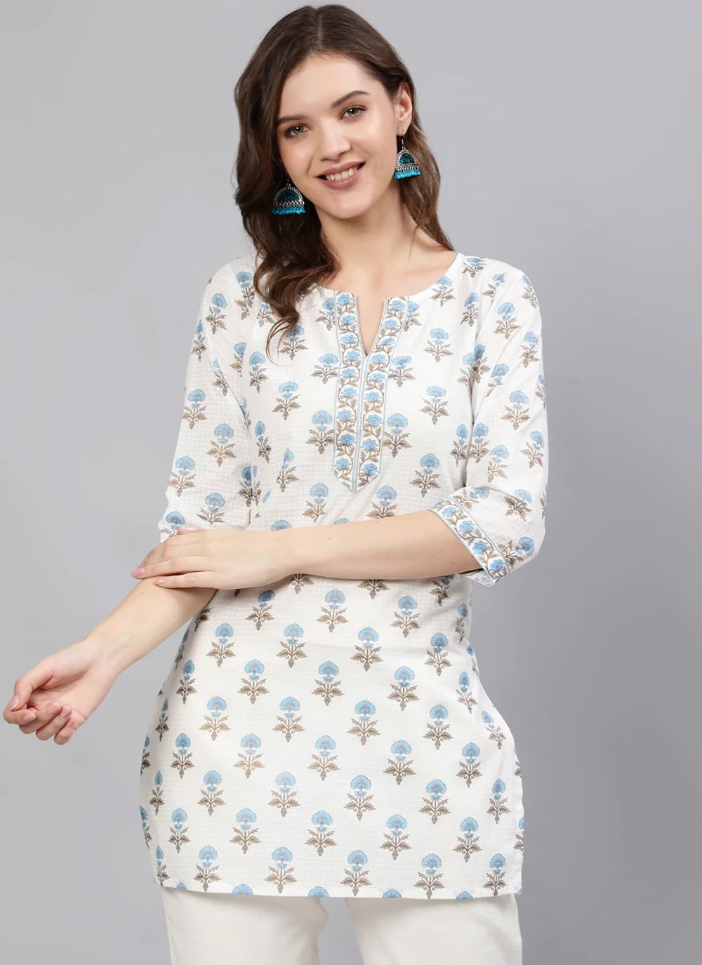 Designer Kurti Cotton White Print Kurtis