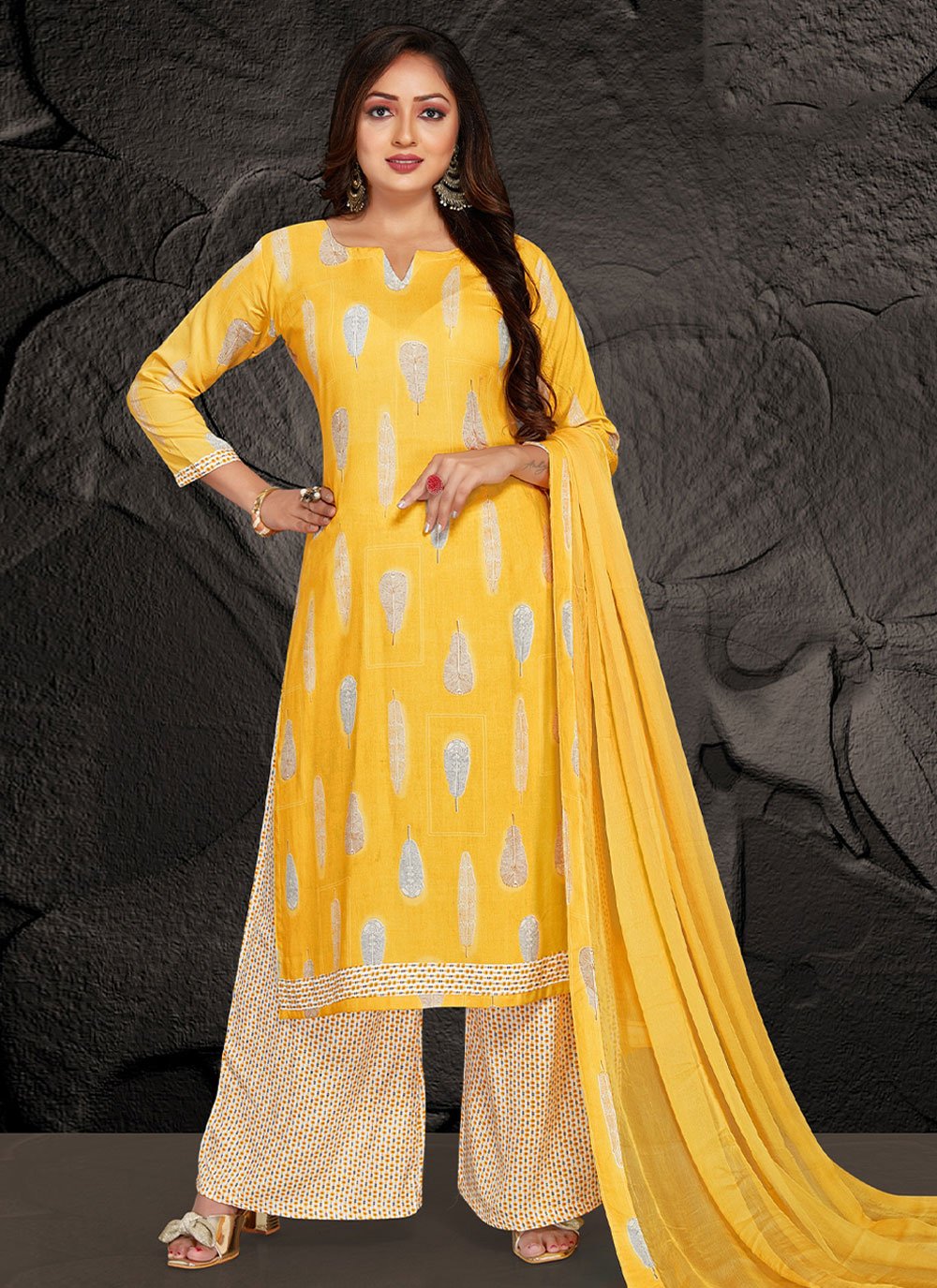 Palazzo Salwar Suit Rayon Yellow Print Salwar Kameez