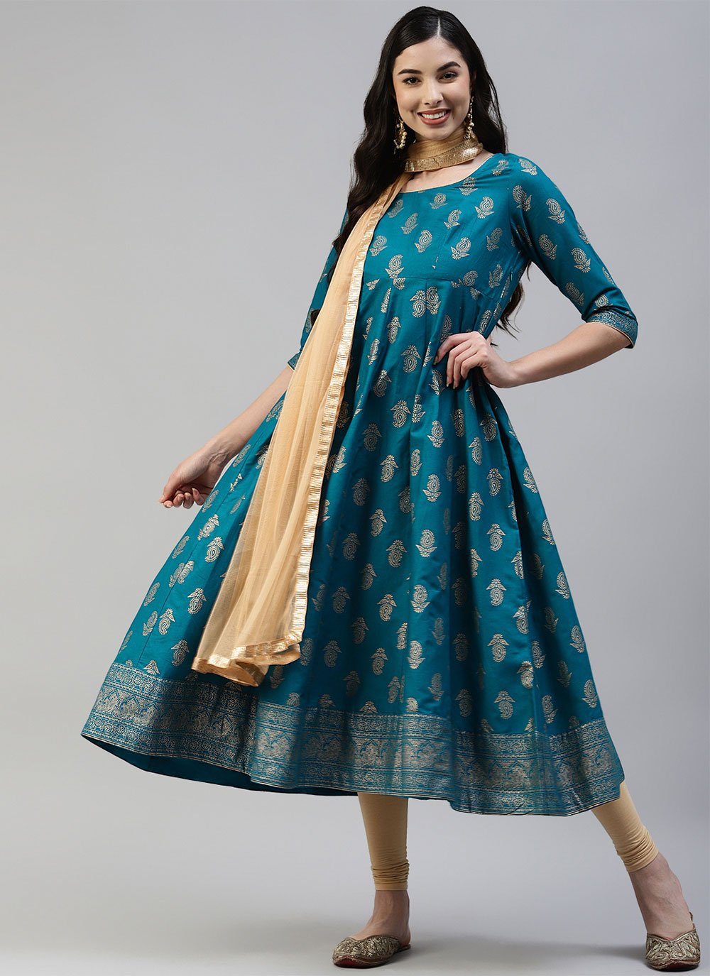 Pant Style Suit Cotton Turquoise Print Salwar Kameez