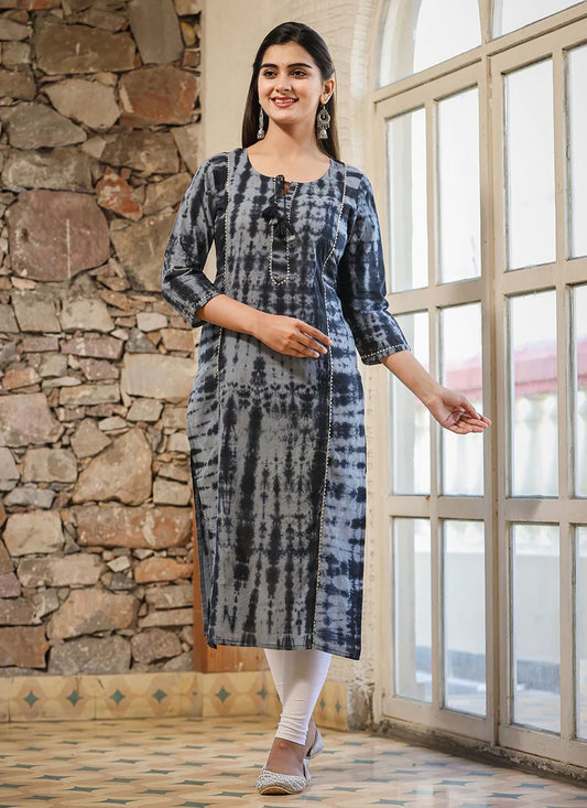 Party Wear Kurti Cotton Black Grey Print Kurtis