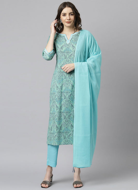 Salwar Suit Cotton Sea Green Print Salwar Kameez