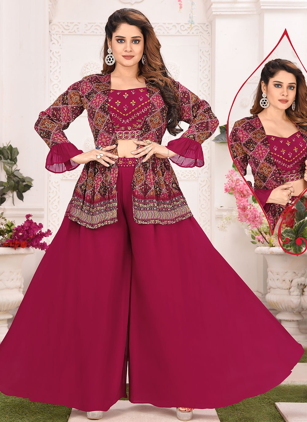 Palazzo Salwar Suit Georgette Silk Fuchsia Embroidered Salwar Kameez