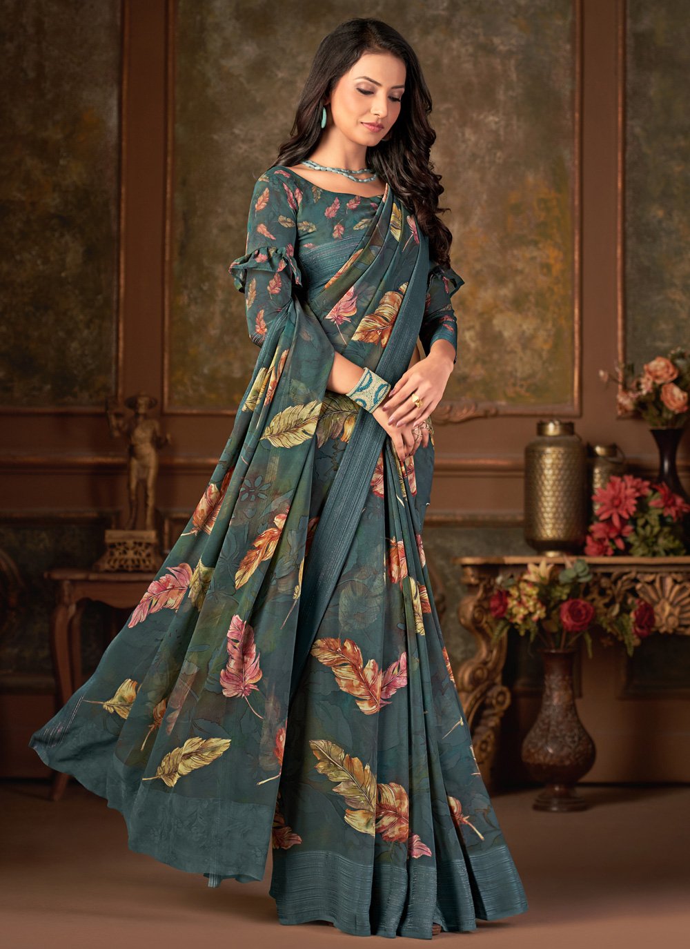 Designer Georgette Grey Print Saree