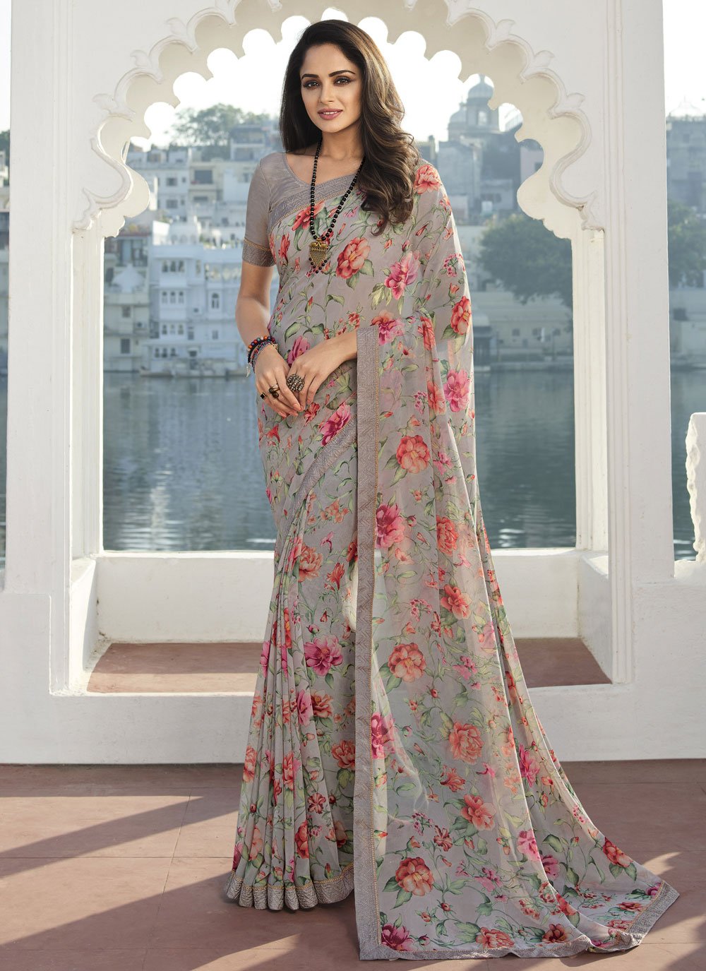 Classic Georgette Grey Print Saree