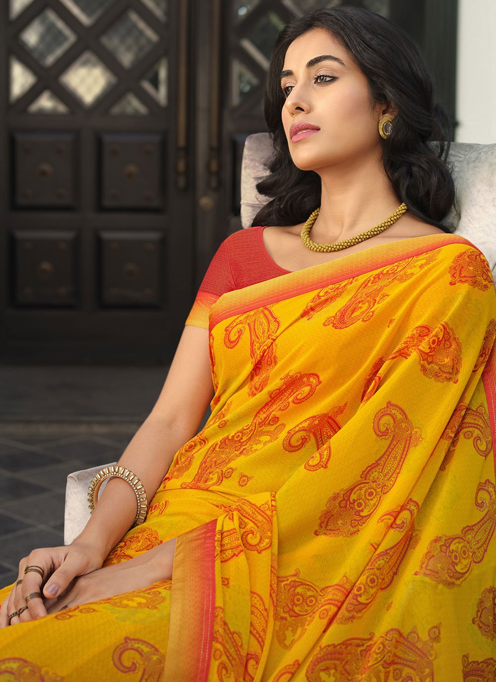 Contemporary Georgette Yellow Lace Saree