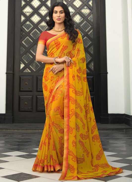 Contemporary Georgette Yellow Lace Saree