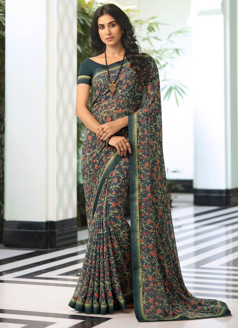 Contemporary Georgette Green Lace Saree