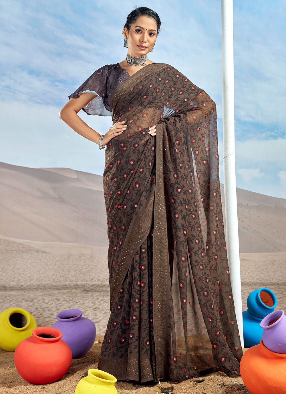 Contemporary Foil Georgette Grey Patch Border Saree