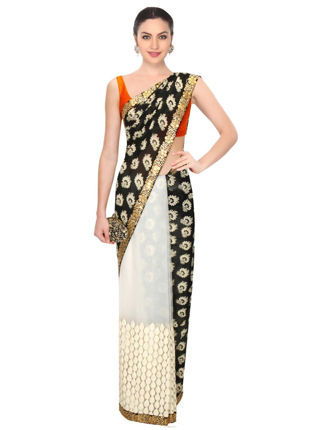 Contemporary Georgette Net Black White Embroidered Saree