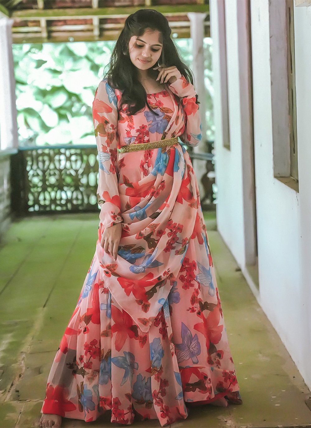 Gown Georgette Peach Print Gown