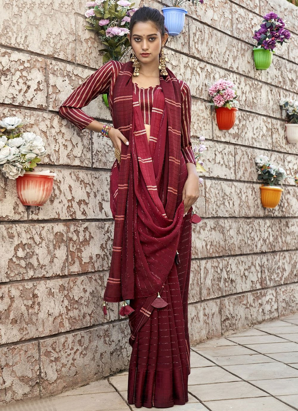 Trendy Saree Georgette Viscose Maroon Patch Border Saree