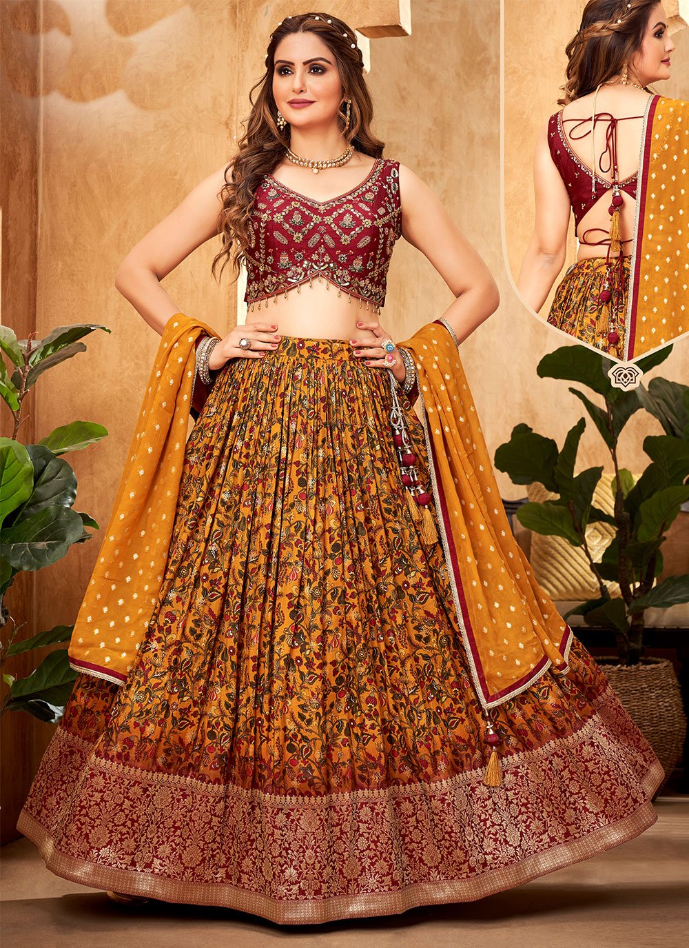 A Line Lehenga Georgette Mustard Print Lehenga Choli