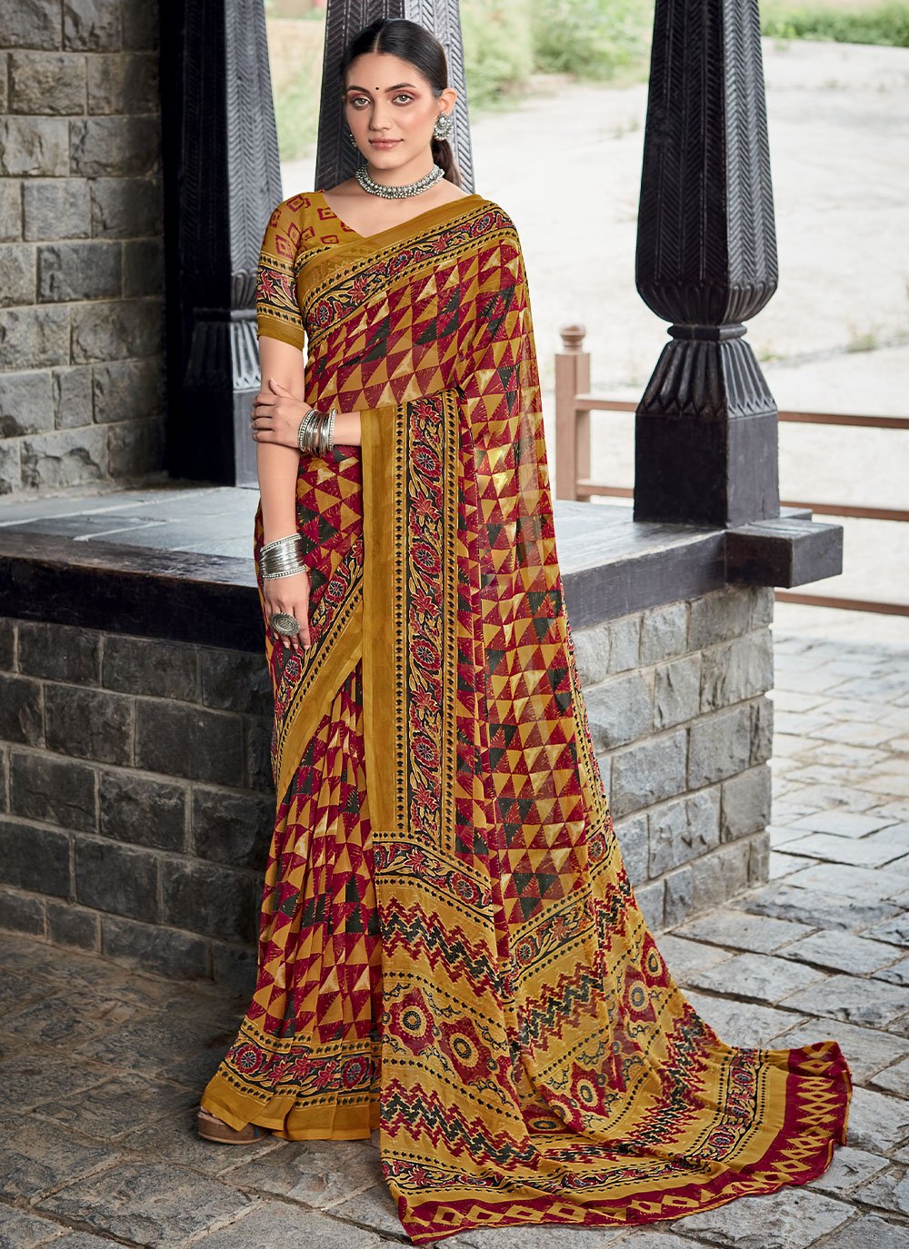 Classic Georgette Mustard Print Saree