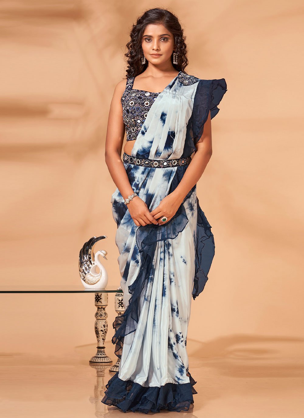 Contemporary Georgette Satin Blue Print Saree