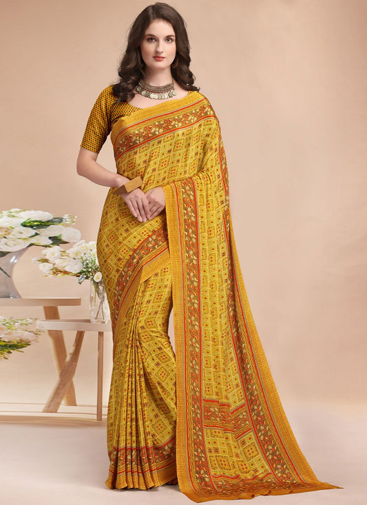 Casual Faux Crepe Green Print Saree