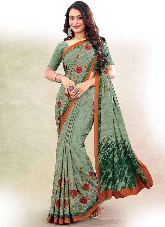 Contemporary Faux Crepe Green Print Saree