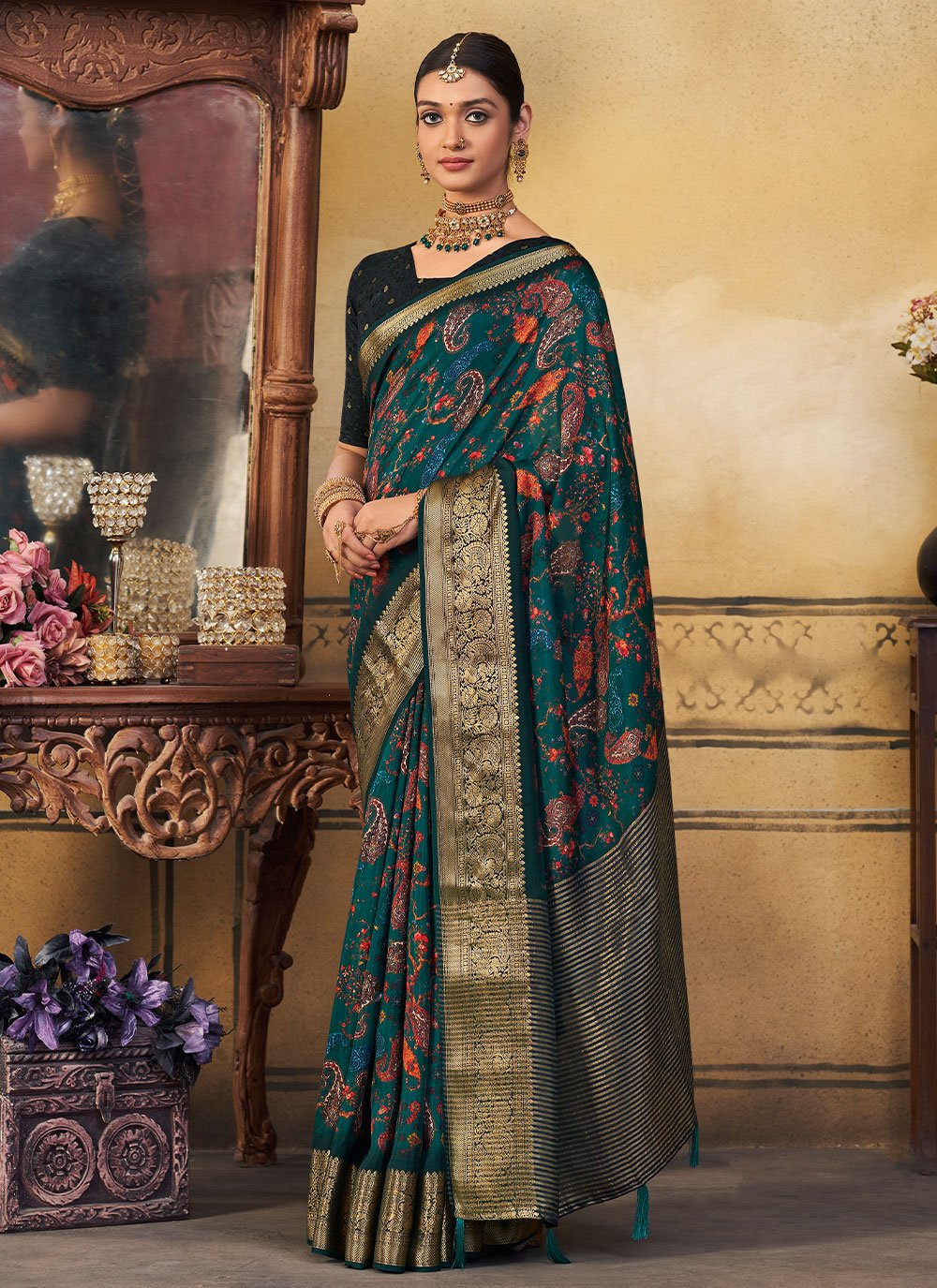 Contemporary Viscose Green Patch Border Saree