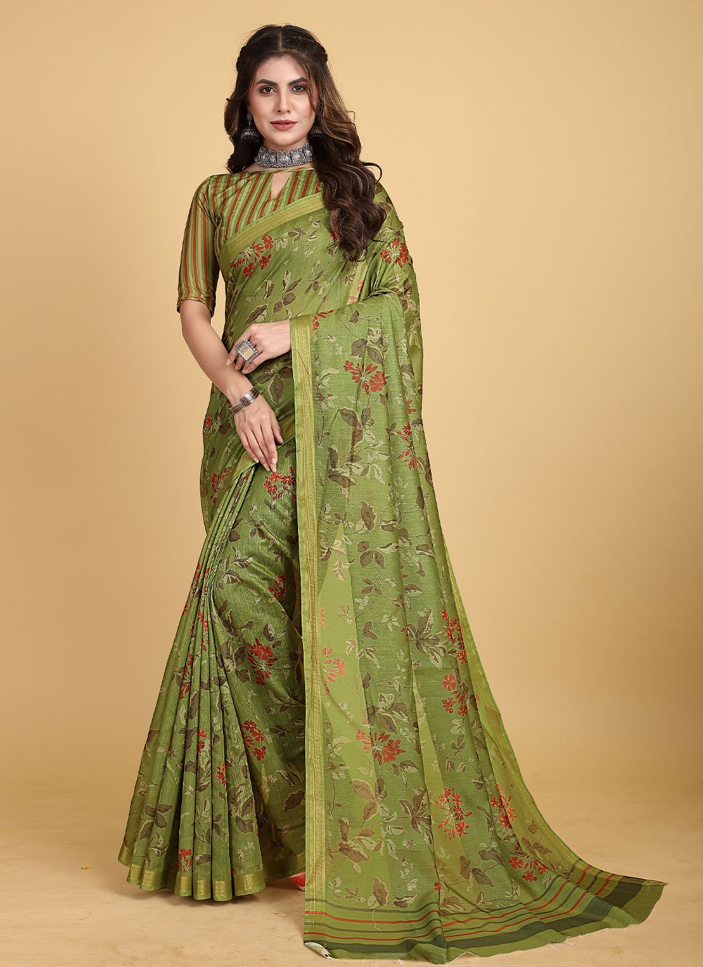 Designer Chanderi Cotton Green Print Saree