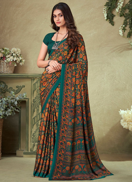 Contemporary Crepe Silk Green Print Saree