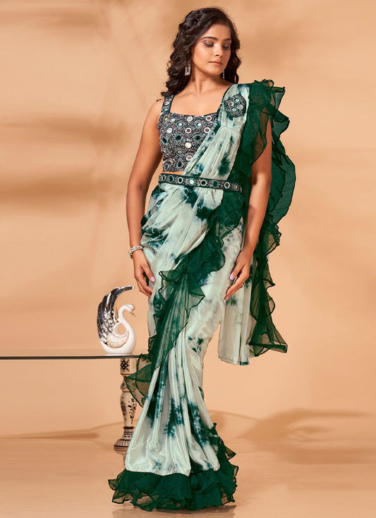 Trendy Saree Georgette Satin Green Print Saree