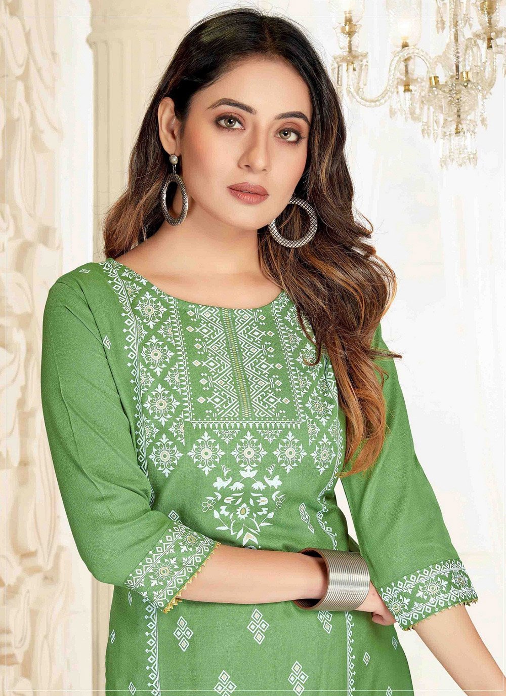 Pant Style Suit Blended Cotton Green Fancy Work Salwar Kameez