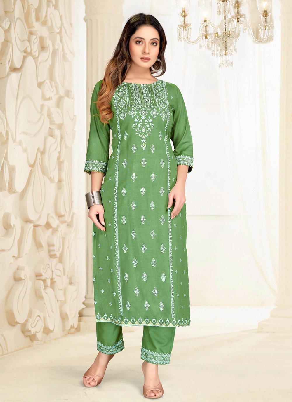 Pant Style Suit Blended Cotton Green Fancy Work Salwar Kameez