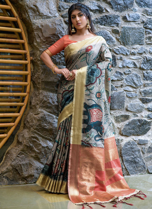 Contemporary Handloom Silk Tussar Silk Grey Print Saree