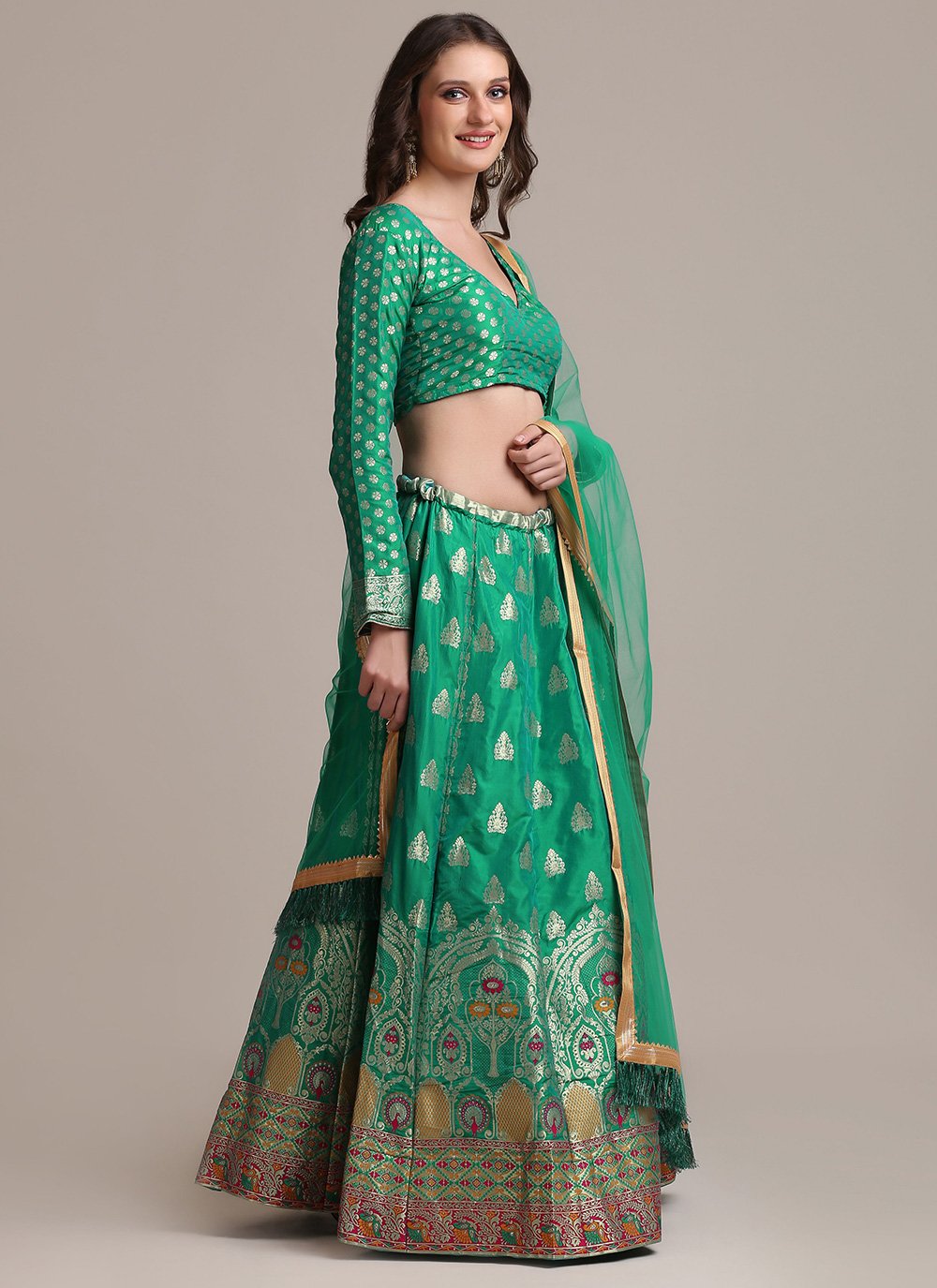 A Line Lehenga Jacquard Silk Green Print Lehenga Choli