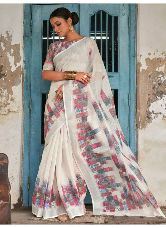 Classic Linen White Print Saree