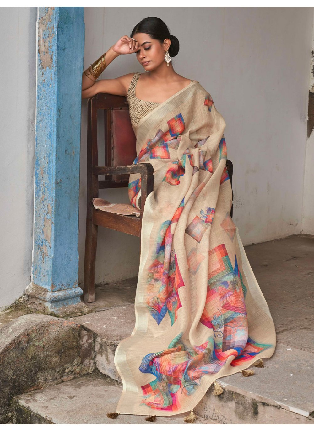 Contemporary Linen Beige Print Saree