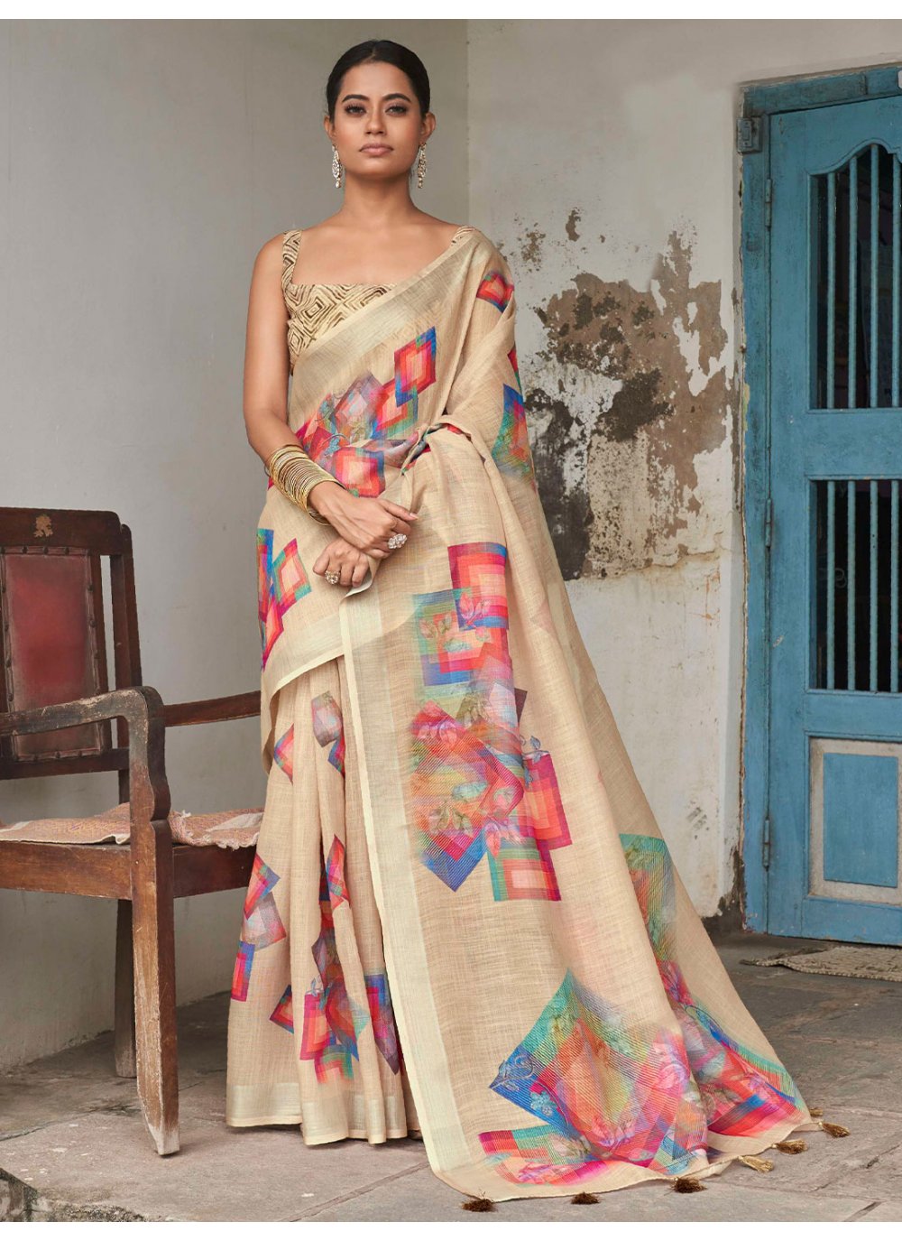 Contemporary Linen Beige Print Saree