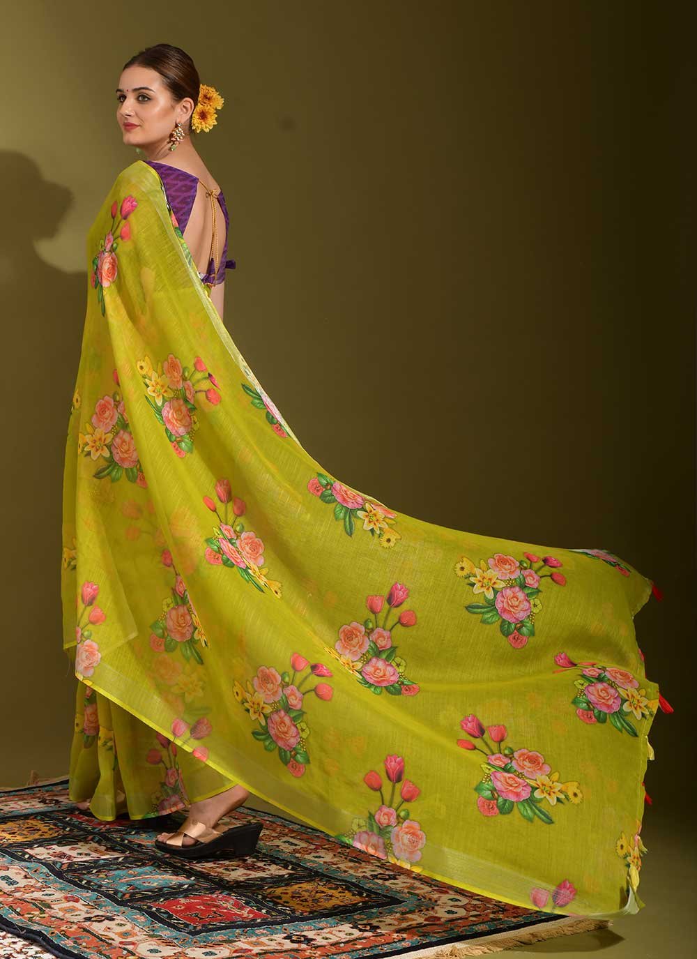 Classic Linen Green Print Saree