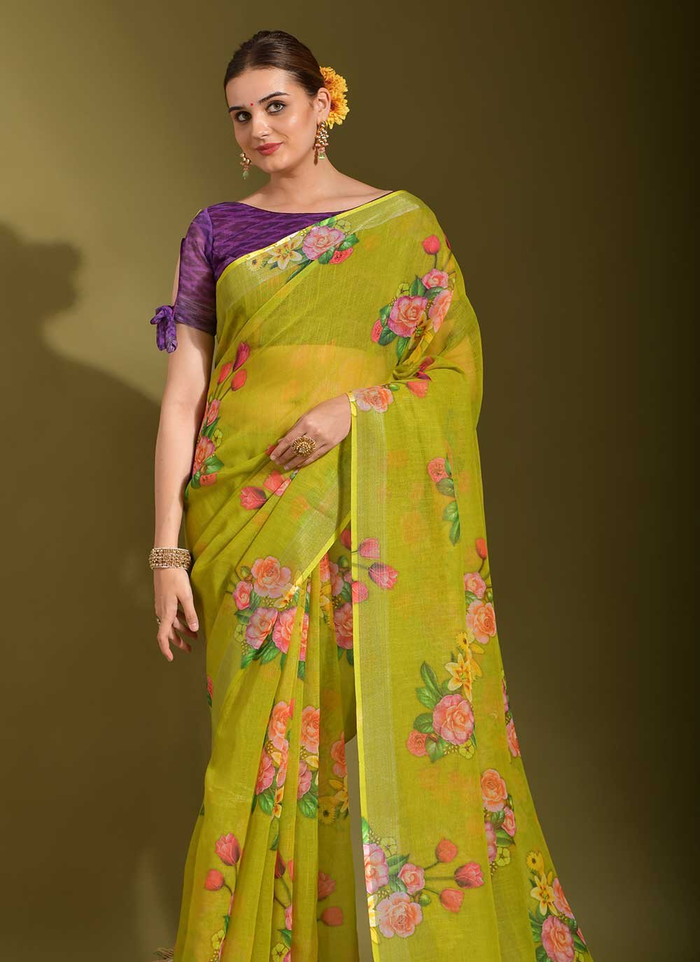 Classic Linen Green Print Saree